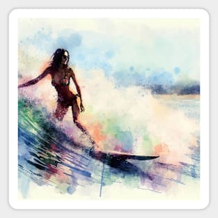 Abstract looking illustration of a woman surfing in a bikini in tropical waters. Magnet